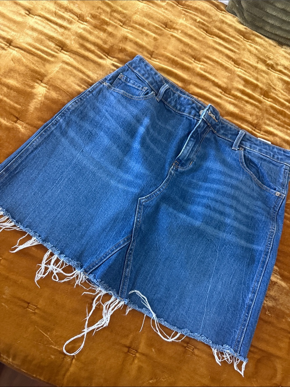 Old Navy Blue Denim Midi Skirt with Frayed Hem